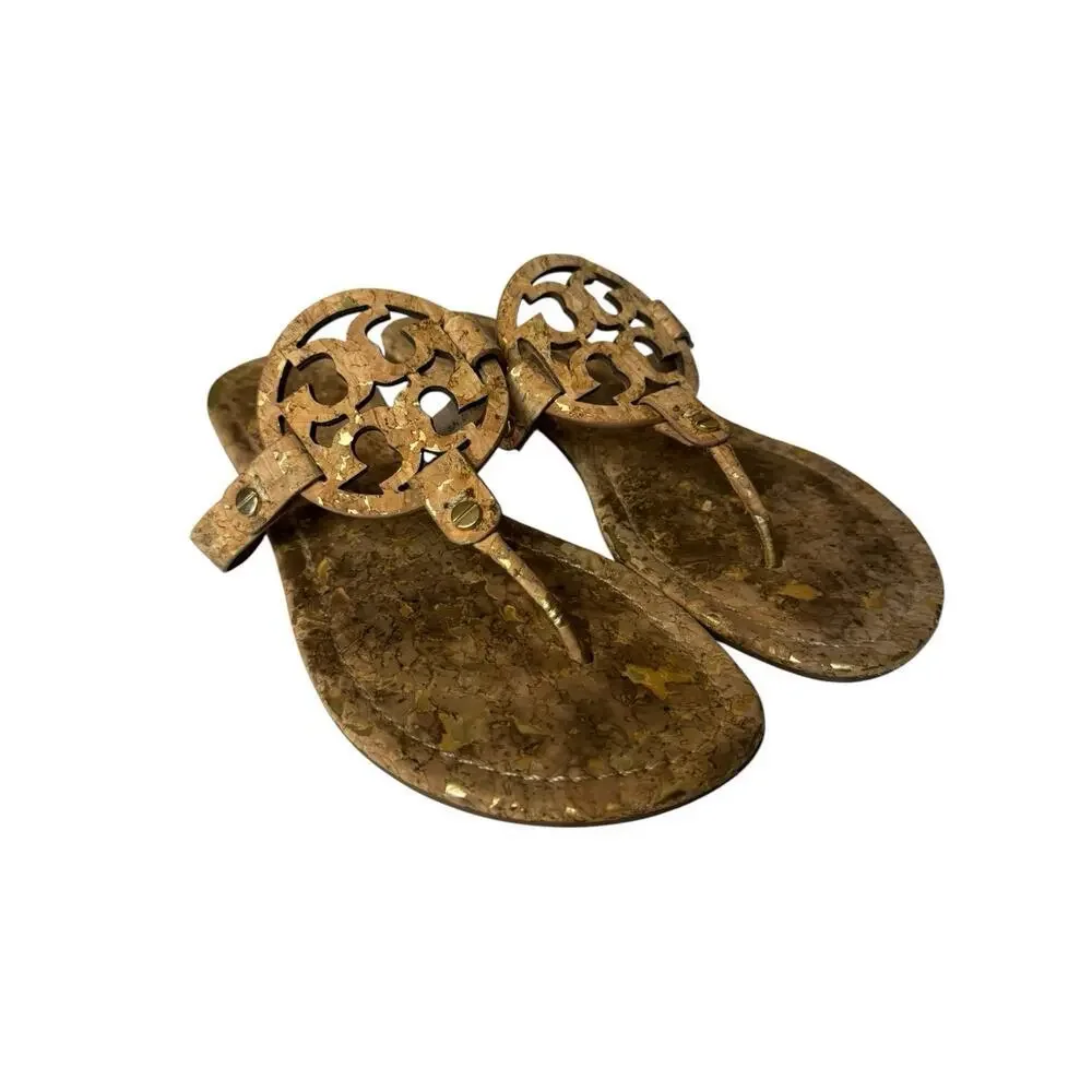 Tory Burch Miller Cork Neutral Thong Sandals Classic Logo Size US 8 Gold Flecks